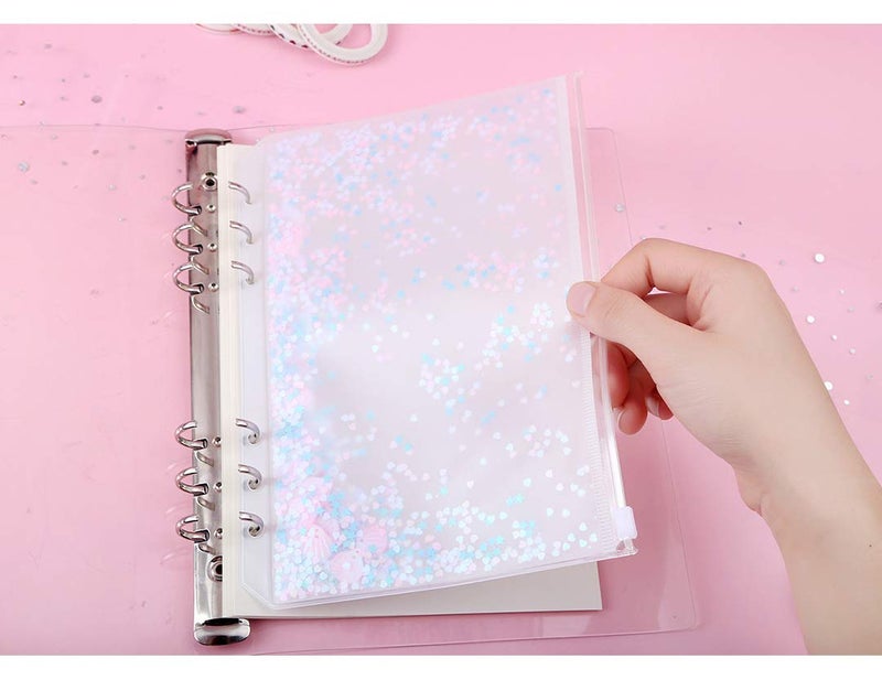 Chris.W 2 Pack Clear Plastic Zipper Pockets Envelopes for A5 6-Ring Binder Notebook, Built-in Glitter Flakes Decorations (A5 Size) - Image 1